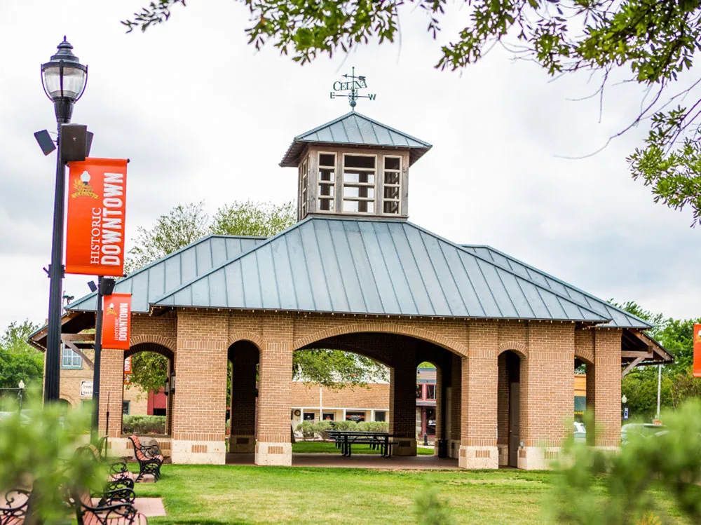 Historic Downtown Celina square with gazebo and 'Historic Downtown' banners