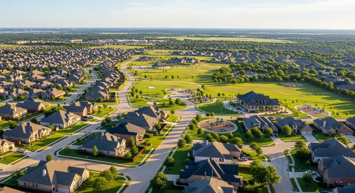 Aerial view of a Prosper master-planned neighborhood